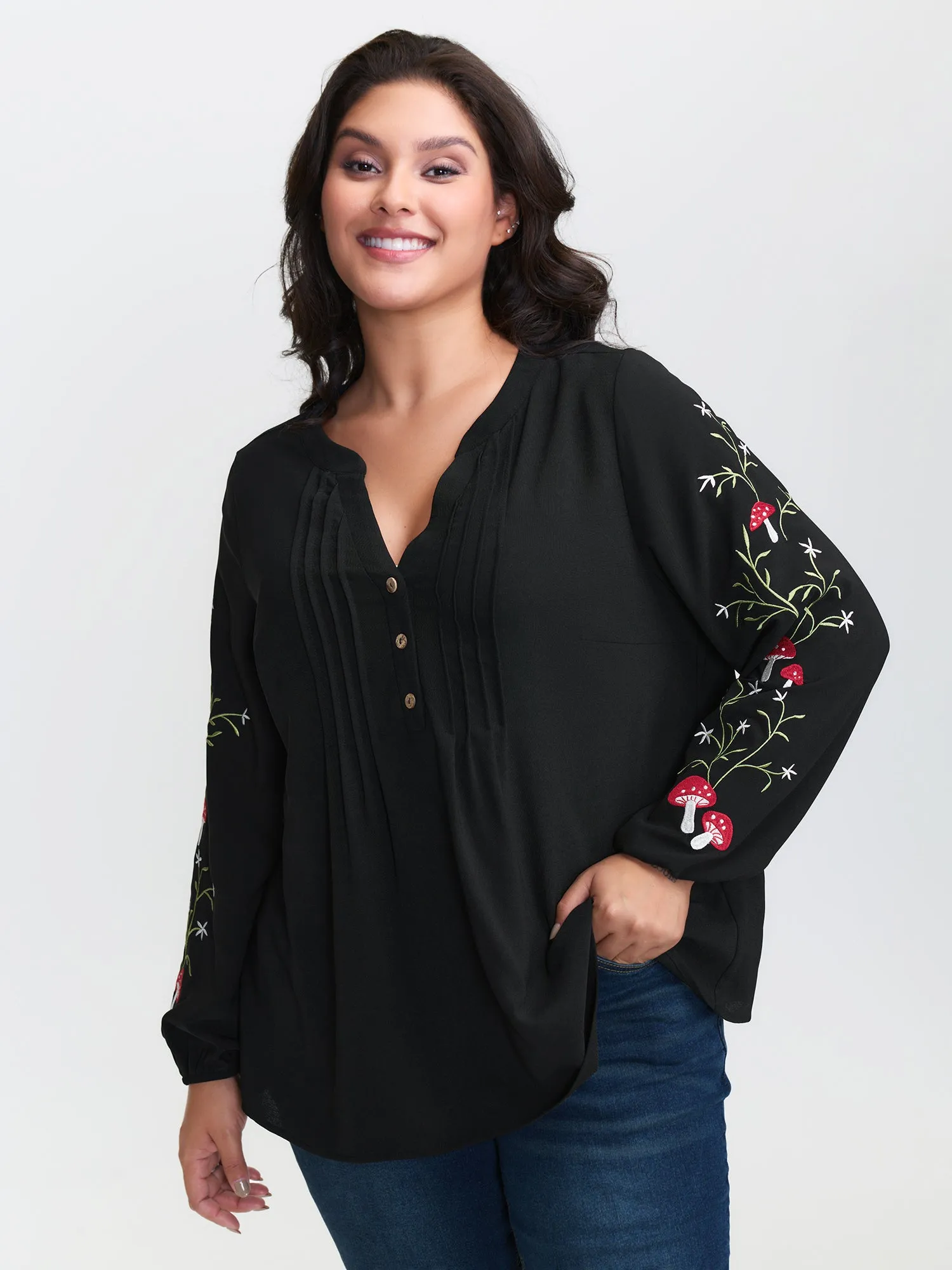 Floral Embroidery Toothpick Pleats Blouse sold by Bloomchic