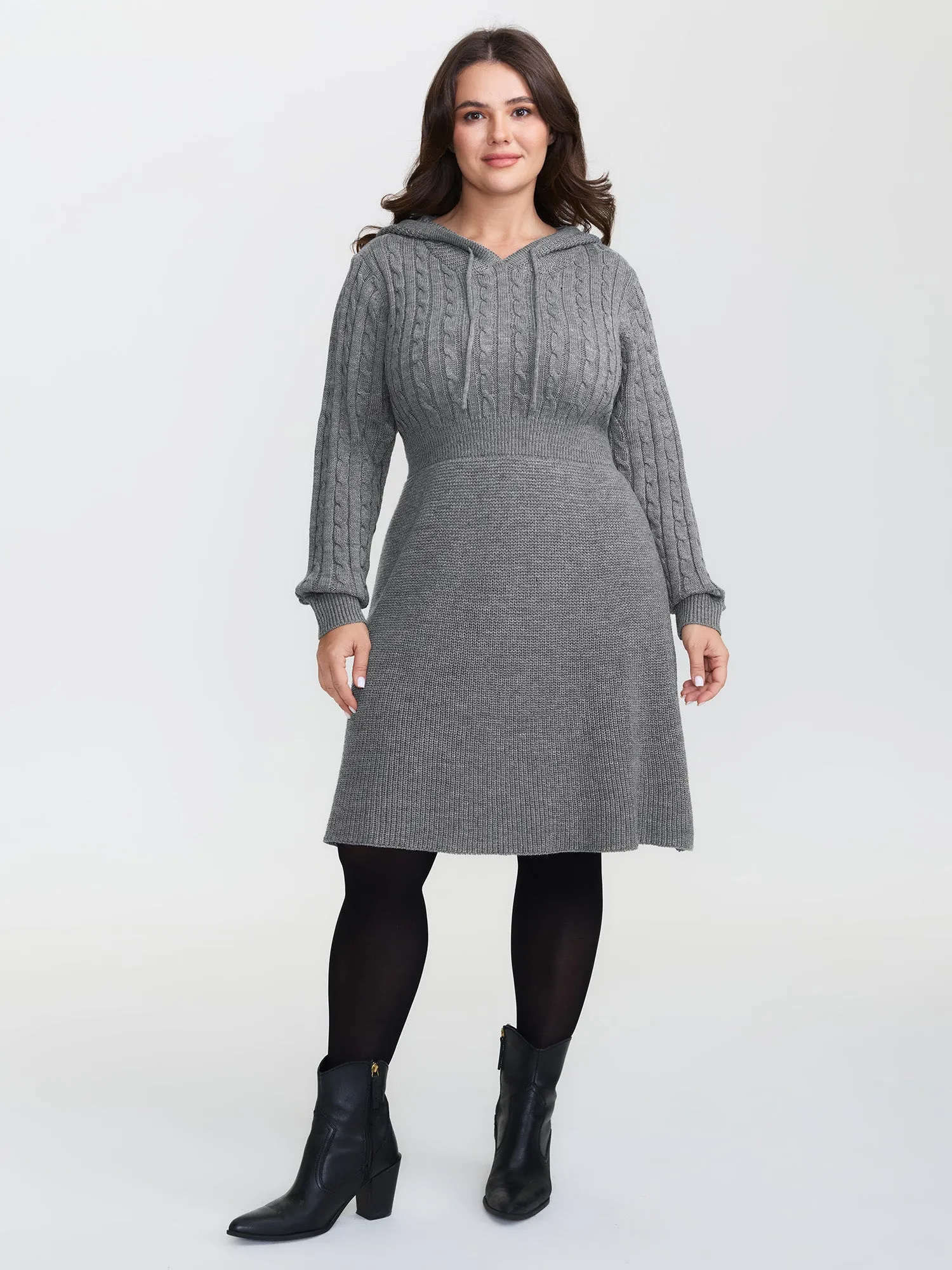 Textured Hooded Waist-Defining Sweater Dress sold by Bloomchic