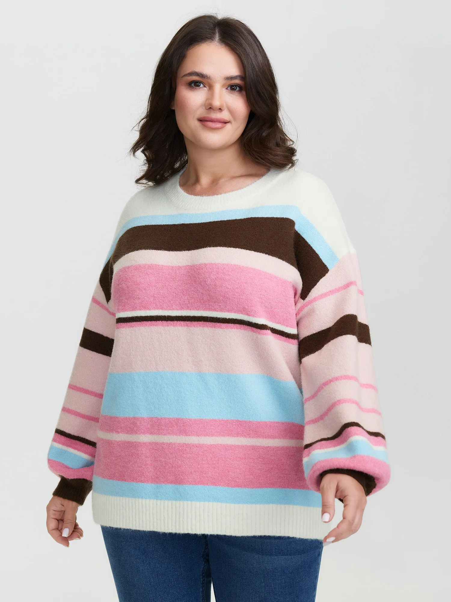 Colorful Stripes Drop Shoulder Lantern Sleeve Pullover sold by Bloomchic