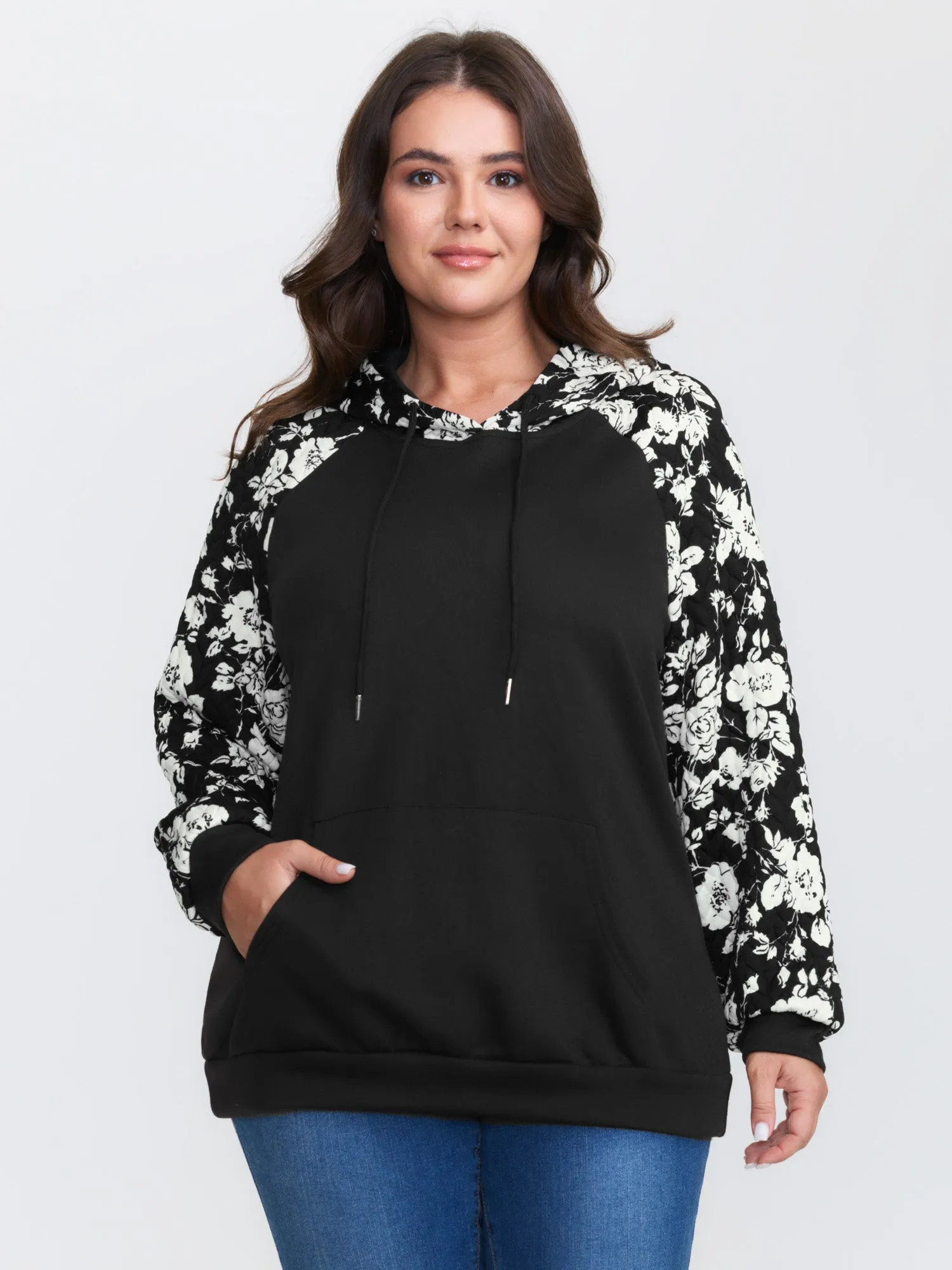 Floral Contrast Textured Pockets Hoodie sold by Bloomchic