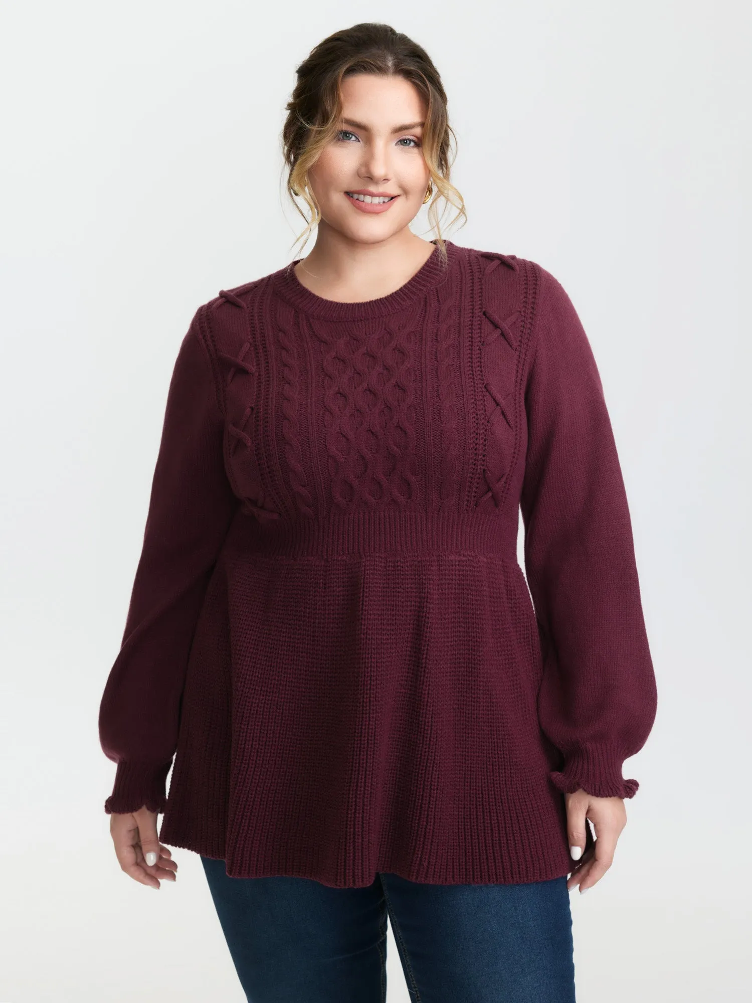 Textured Ruffled Lantern Sleeve Pullover sold by Bloomchic