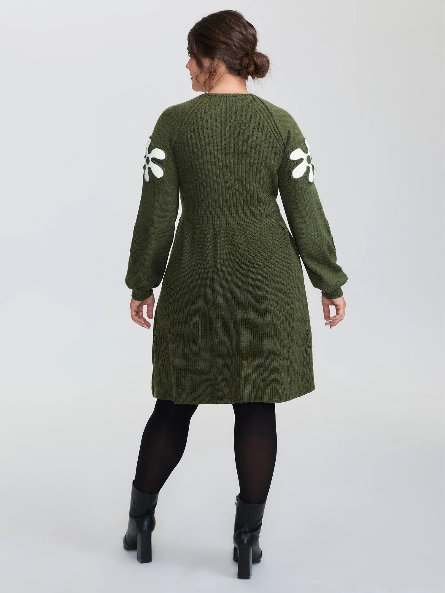 Floral Cord Embroidered Cinched-Waist Sweater Dress sold by Bloomchic product image thumbnail 4