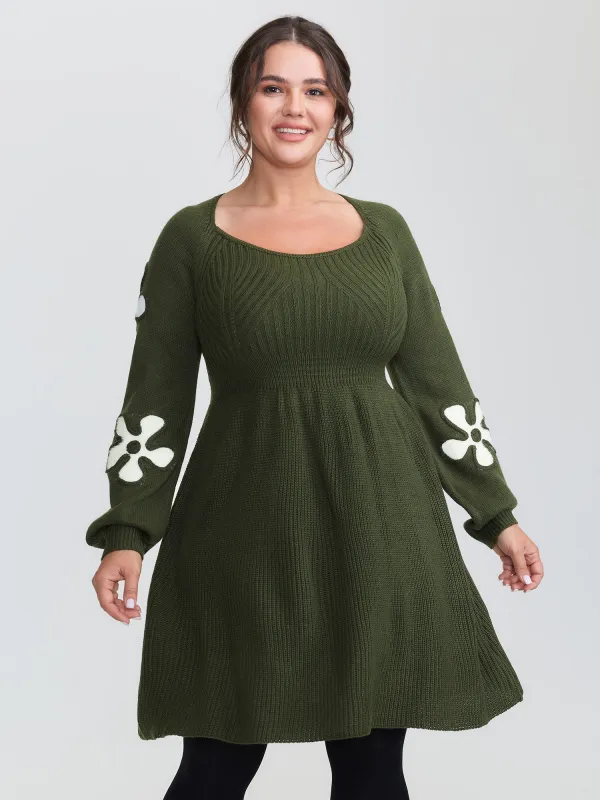 Floral Cord Embroidered Cinched-Waist Sweater Dress sold by Bloomchic