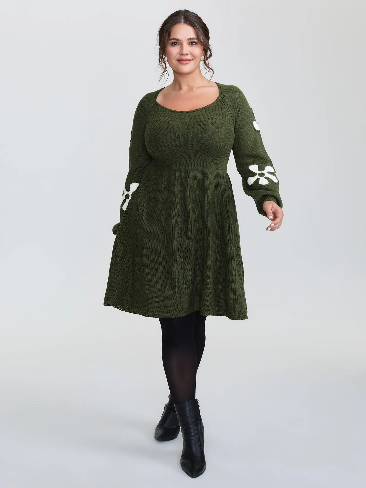 Floral Cord Embroidered Cinched-Waist Sweater Dress sold by Bloomchic product image thumbnail 3