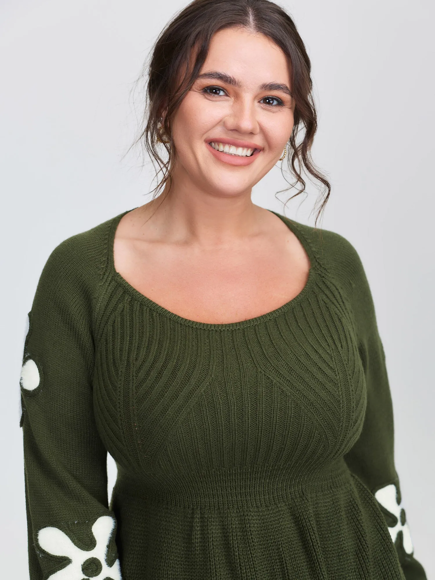 Floral Cord Embroidered Cinched-Waist Sweater Dress sold by Bloomchic product image thumbnail 2