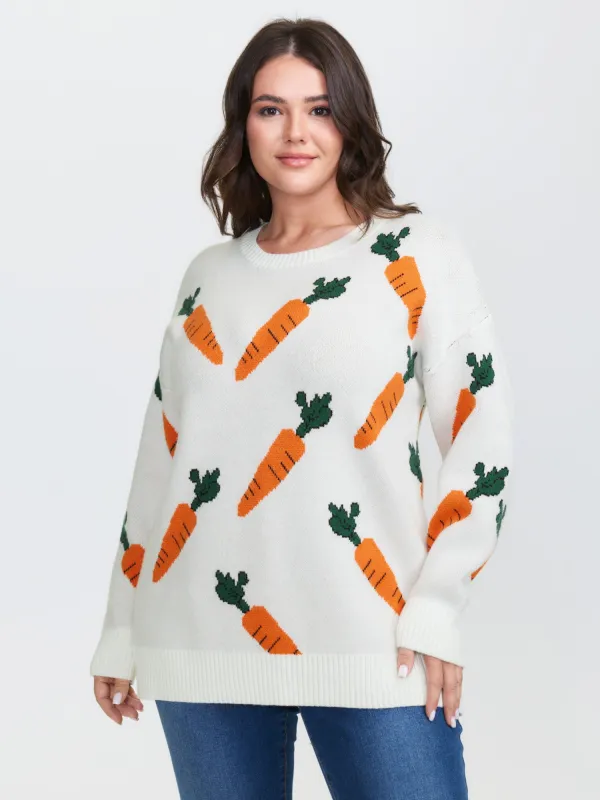 Carrot Pattern Round Neck Ribbed Pullover sold by Bloomchic