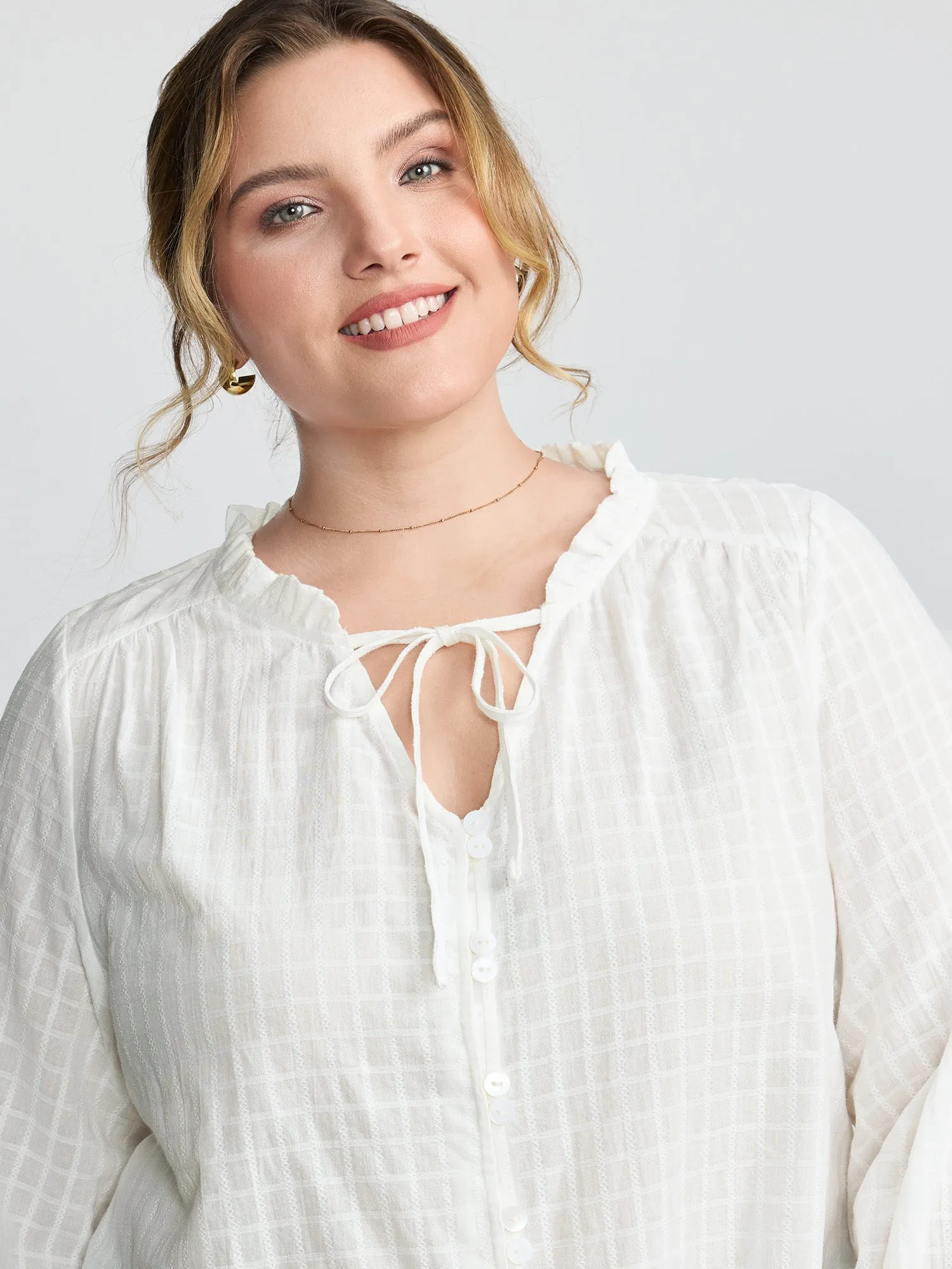 Textured Lantern Sleeve Neck-Tie Blouse sold by Bloomchic product image thumbnail 2