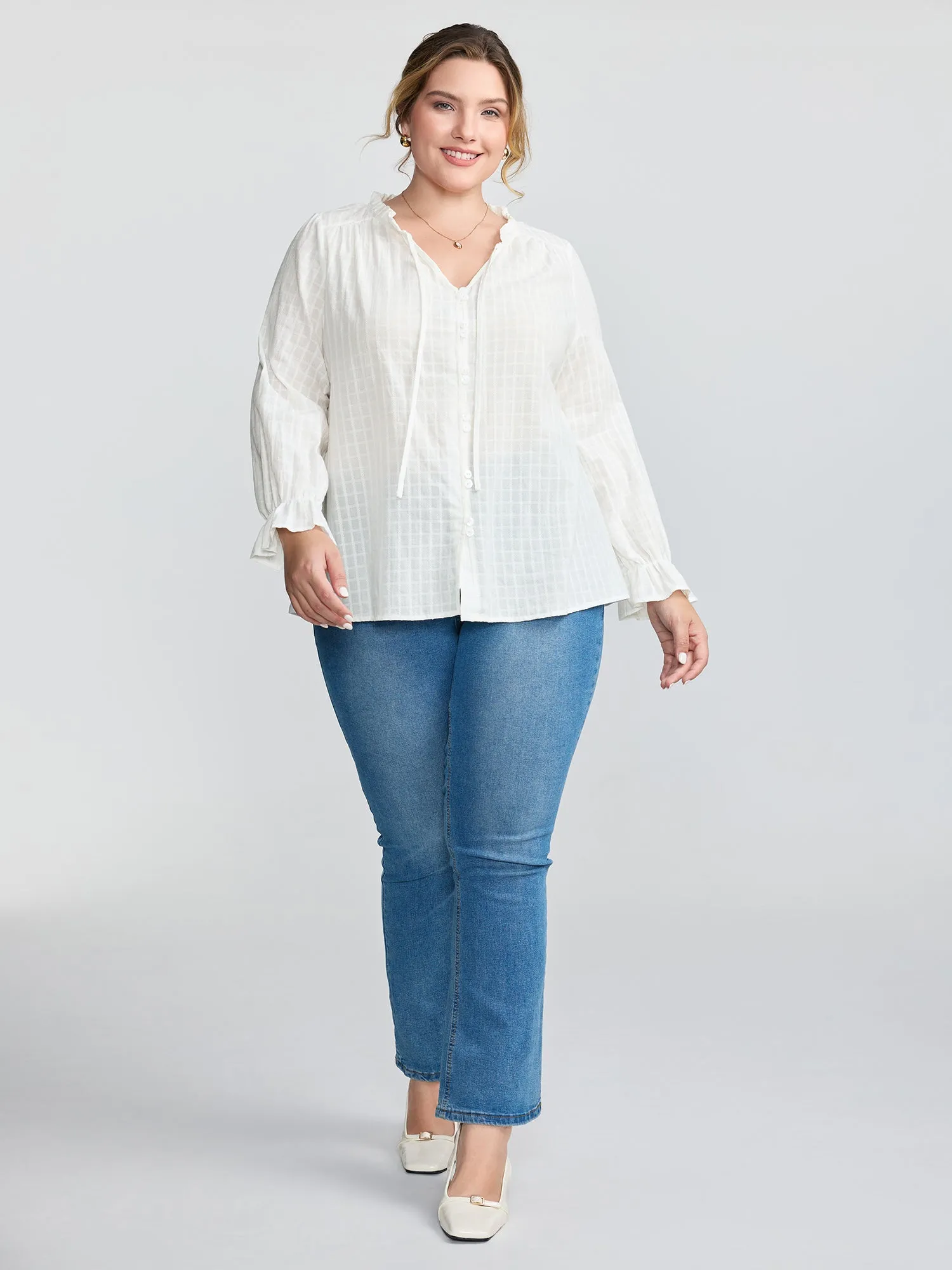 Textured Lantern Sleeve Neck-Tie Blouse sold by Bloomchic product image thumbnail 4