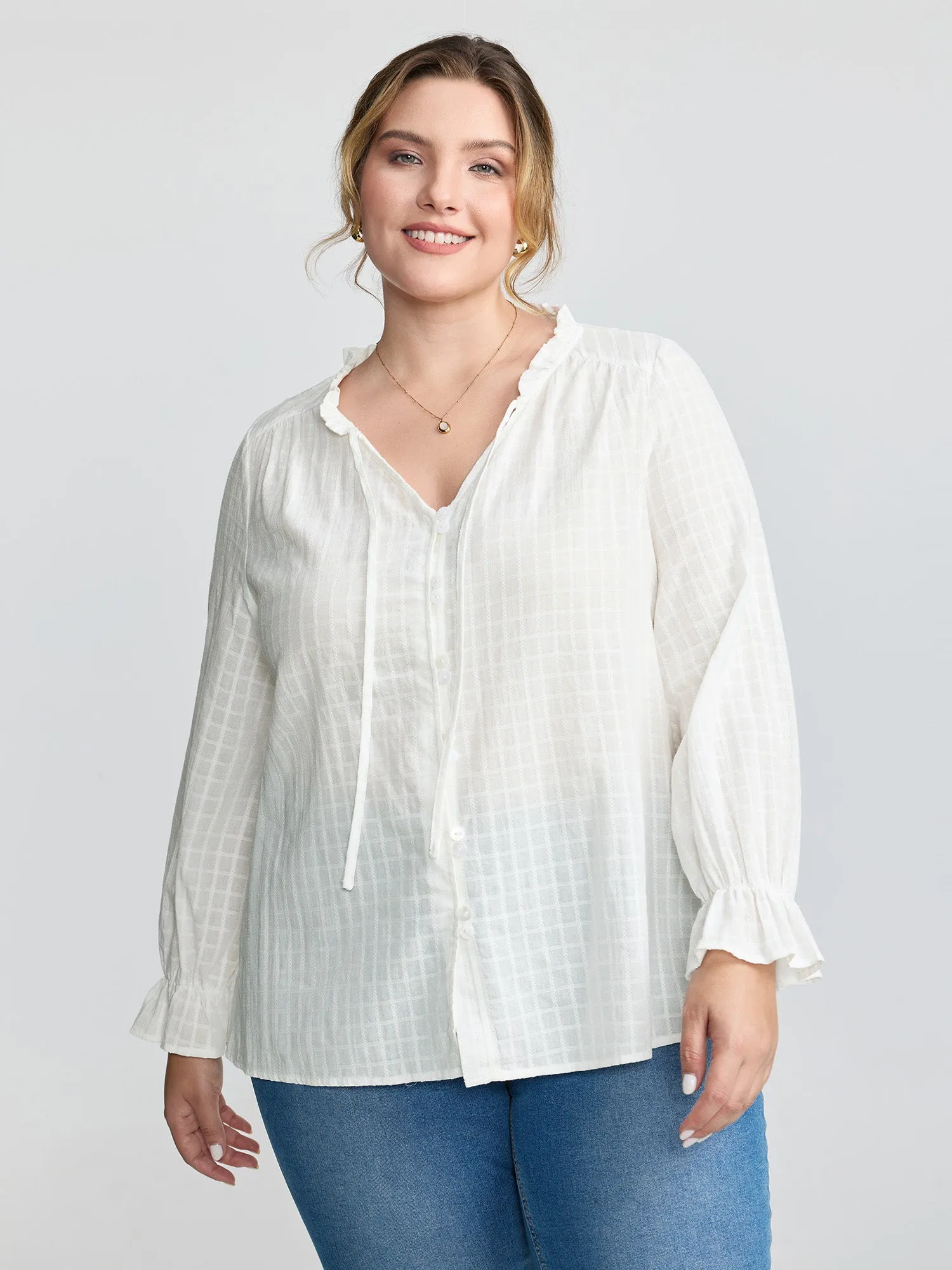 Textured Lantern Sleeve Neck-Tie Blouse sold by Bloomchic