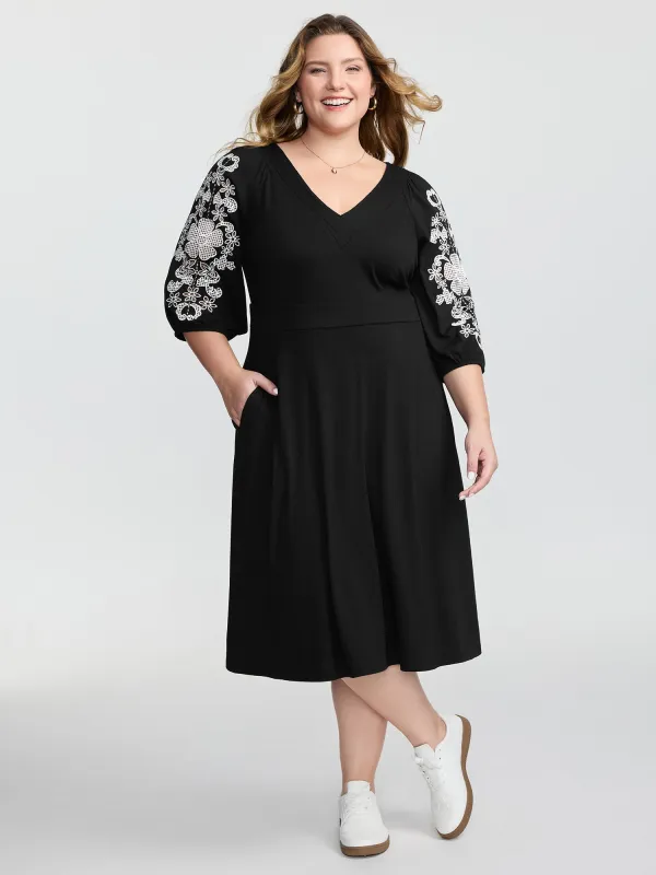 Floral Embroidered V-Neck Pockets Midi Dress sold by Bloomchic