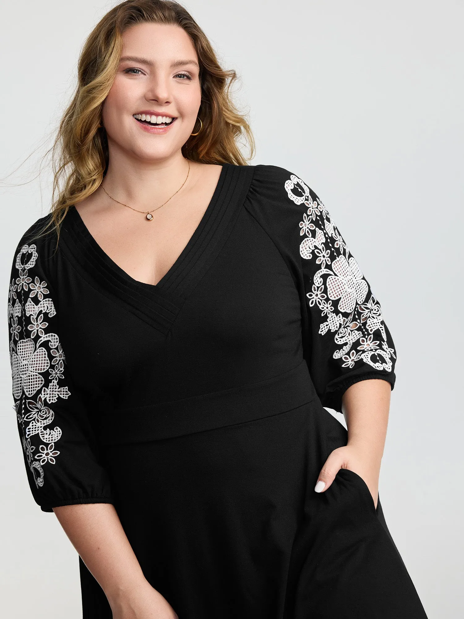 Floral Embroidered V-Neck Pockets Midi Dress sold by Bloomchic product image thumbnail 2