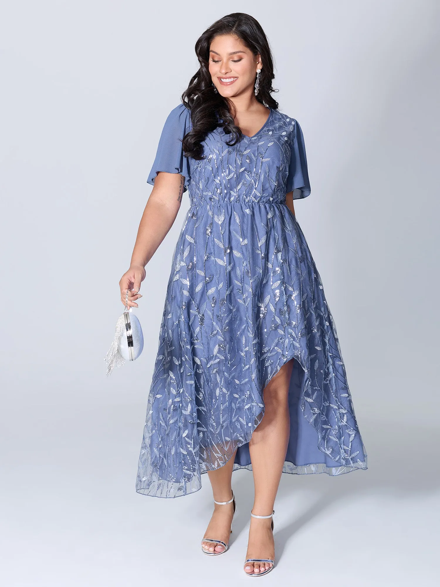 Lace Mesh Petal Hem Leaf Sequin Midi Dress sold by Bloomchic product image thumbnail 3