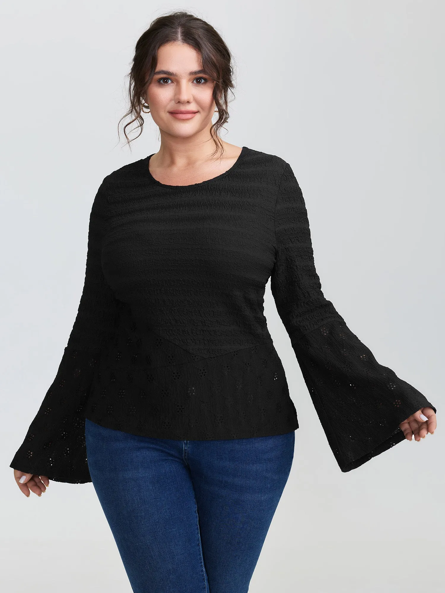 Floral Cut Out Flared Sleeve Knit Top sold by Bloomchic