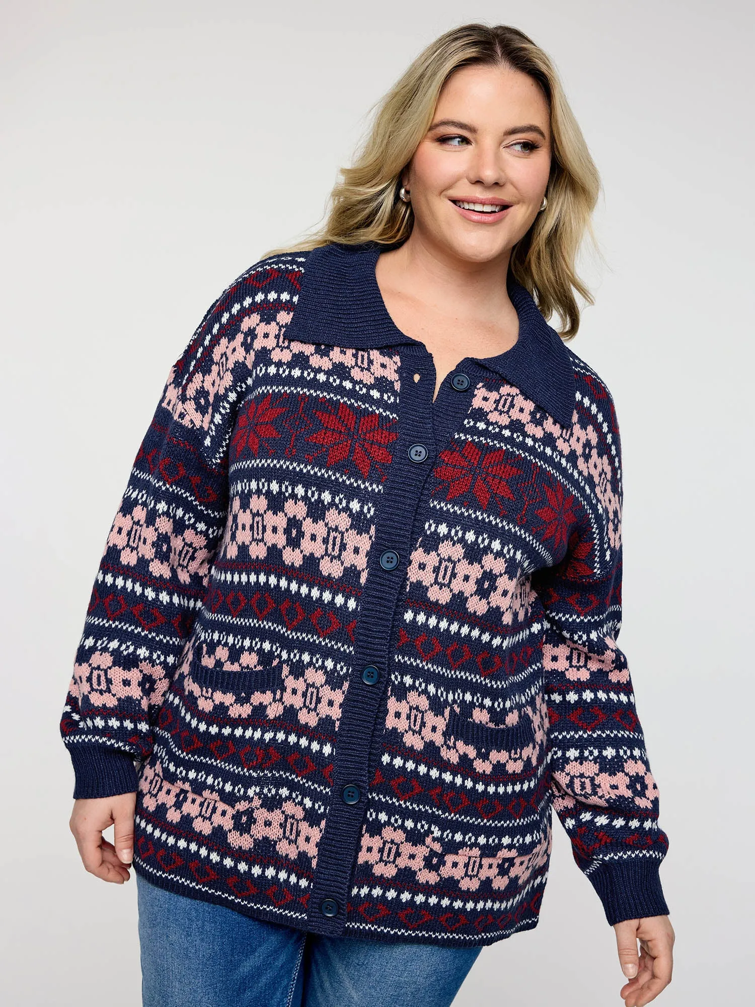 Geometric Pattern Patch Pocket Button Knit Cardigan sold by Bloomchic product image thumbnail 3