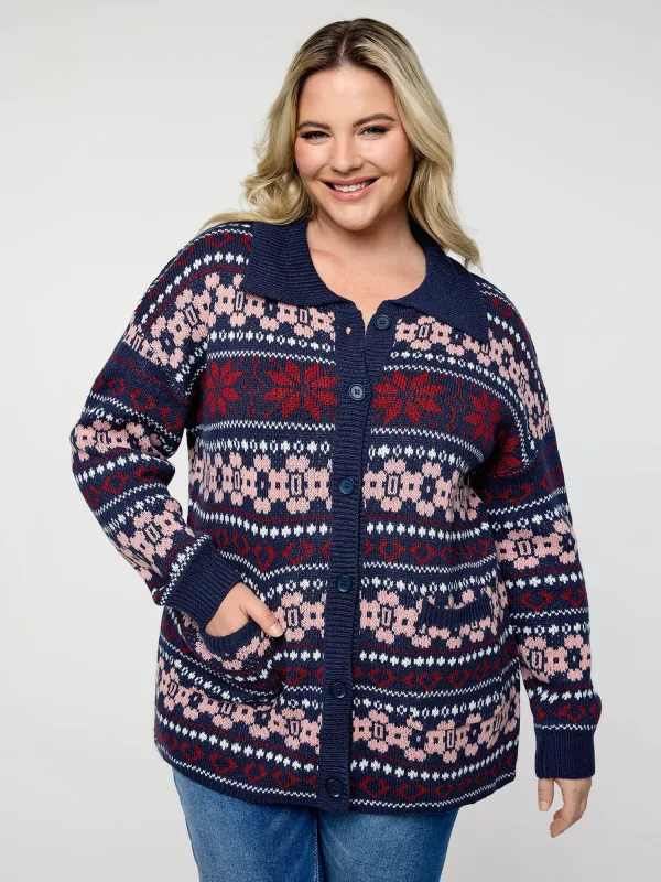 Geometric Pattern Patch Pocket Button Knit Cardigan sold by Bloomchic