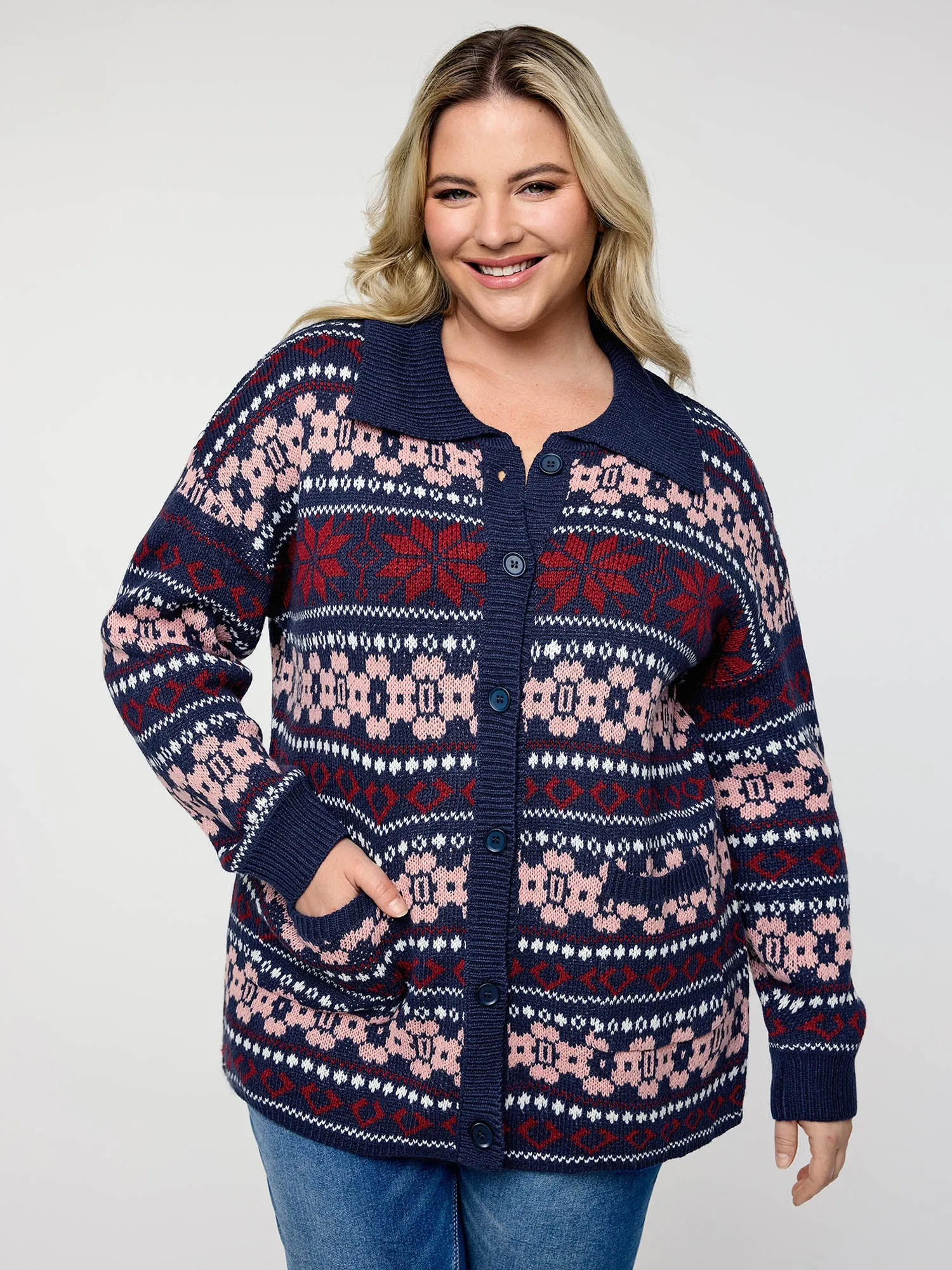 Geometric Pattern Patch Pocket Button Knit Cardigan sold by Bloomchic