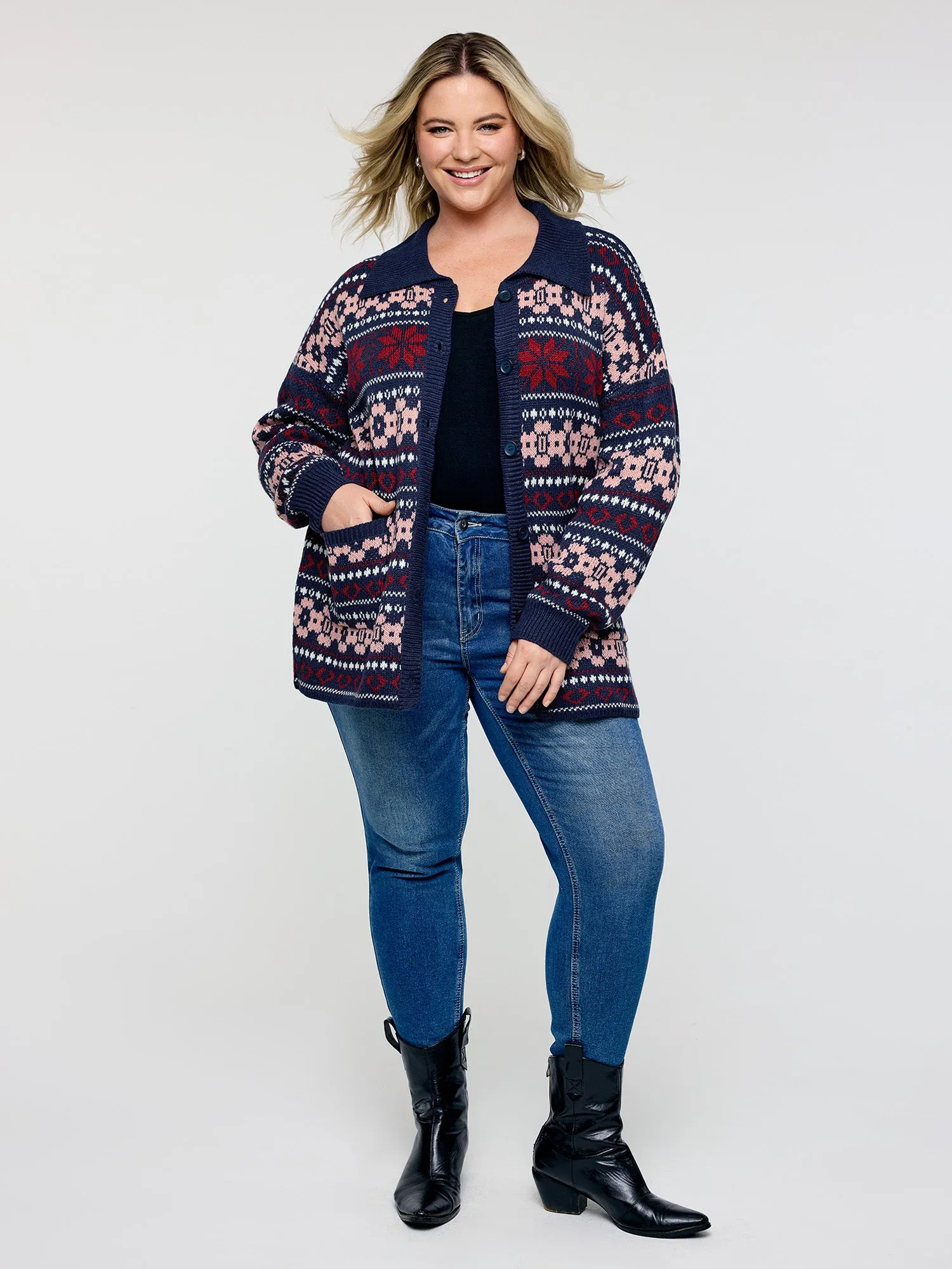 Geometric Pattern Patch Pocket Button Knit Cardigan sold by Bloomchic product image thumbnail 2