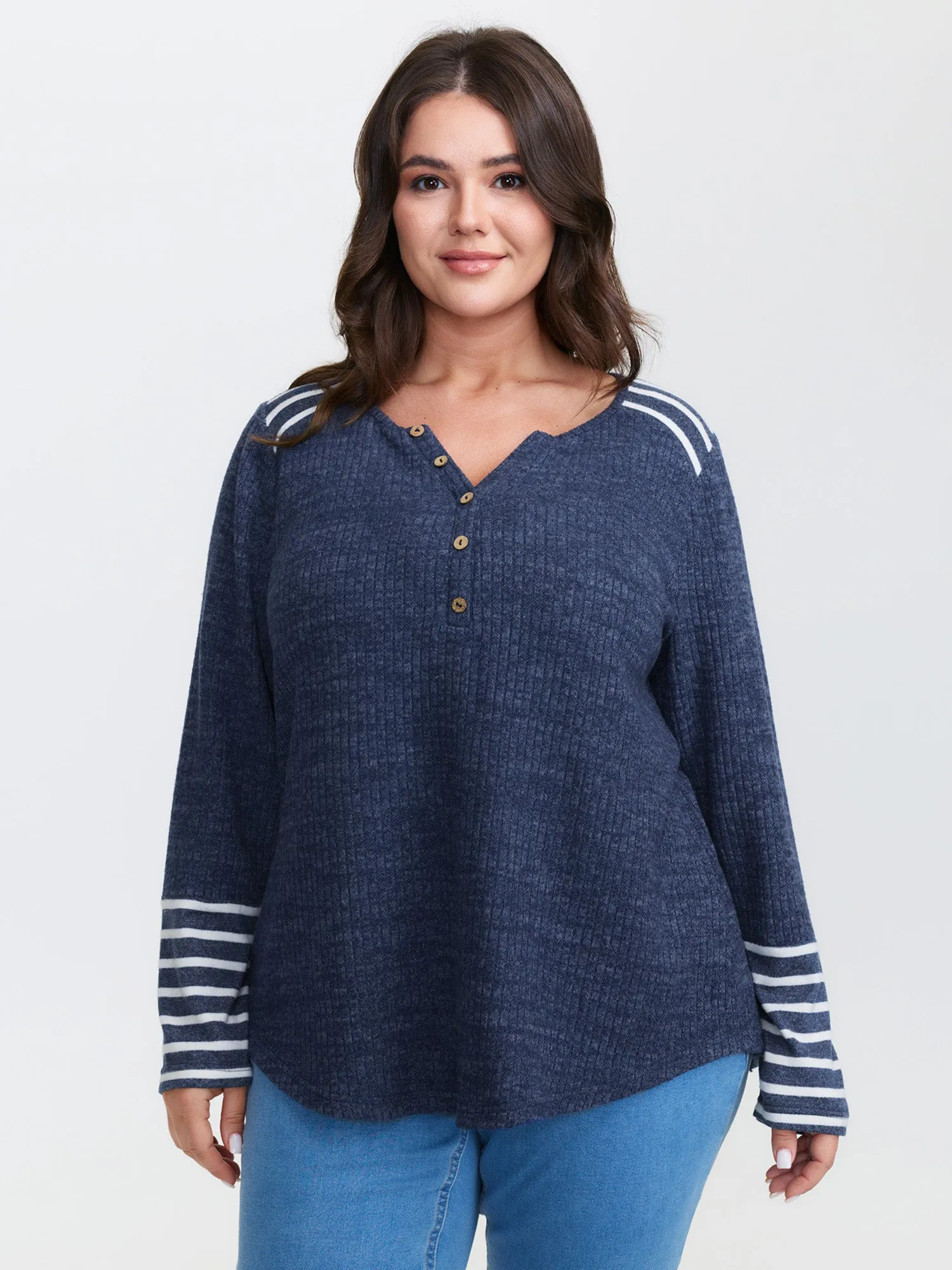 Ribbed Stripe Button Placket T-Shirt sold by Bloomchic