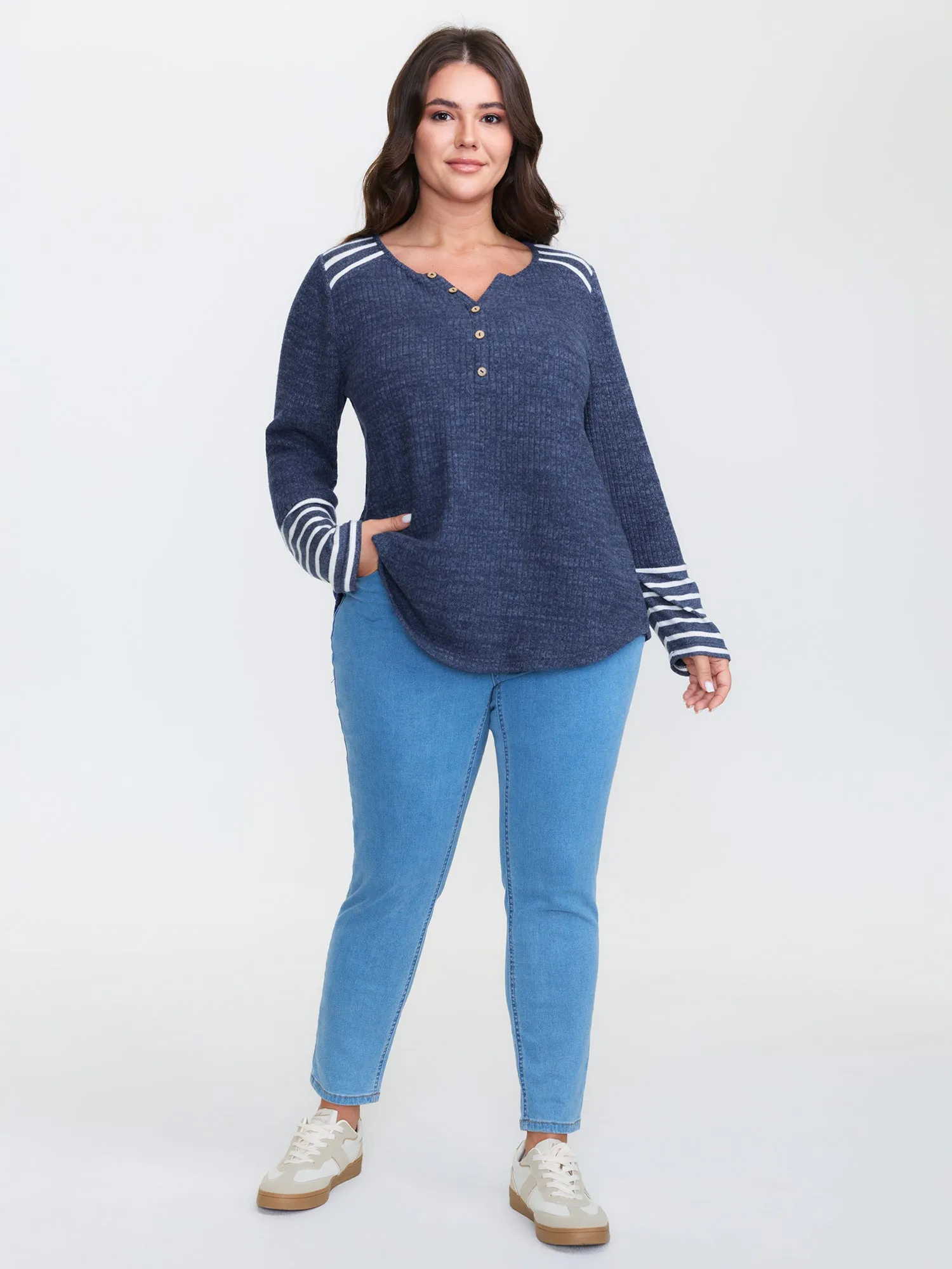 Ribbed Stripe Button Placket T-Shirt sold by Bloomchic product image thumbnail 3