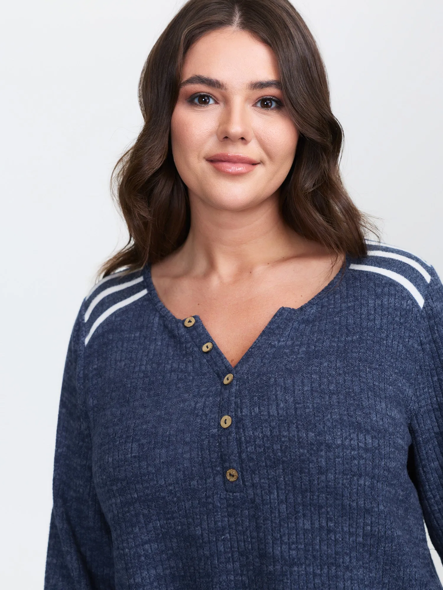 Ribbed Stripe Button Placket T-Shirt sold by Bloomchic product image thumbnail 2