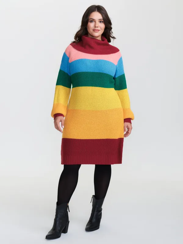 Rainbow Stripe Turtleneck Midi Sweater Dress sold by Bloomchic