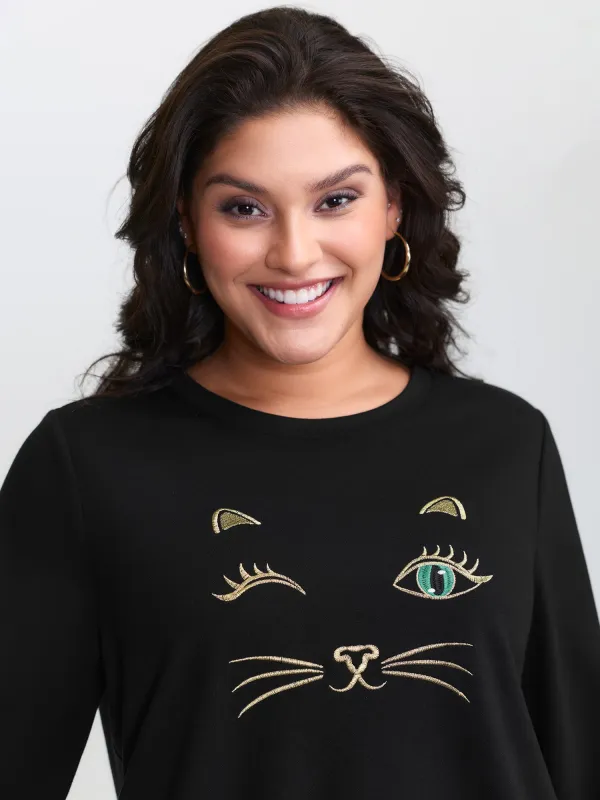 Meow Embroidery Stretchy Round Neck Sweatshirt sold by Bloomchic
