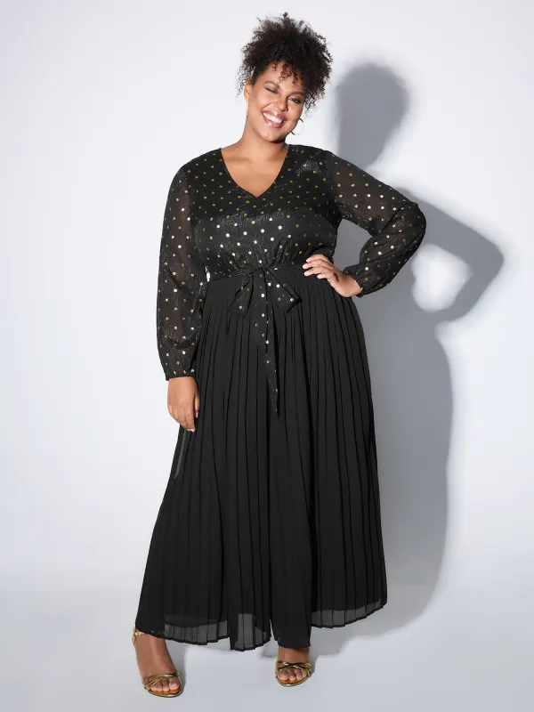 Chiffon Gold Polka Dots Cinched-Waist Jumpsuit sold by Bloomchic