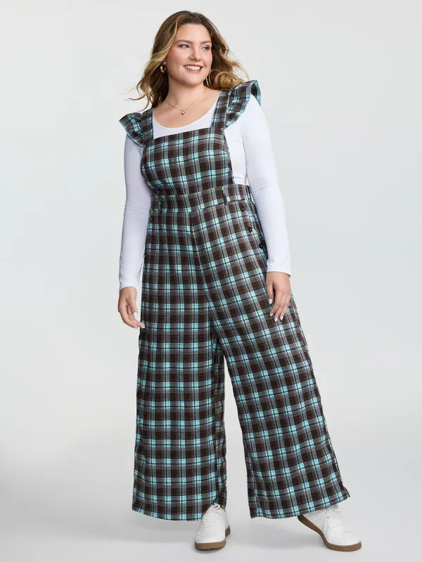 Plaid Ruffled Sleeve Backless Tie Jumpsuit sold by Bloomchic