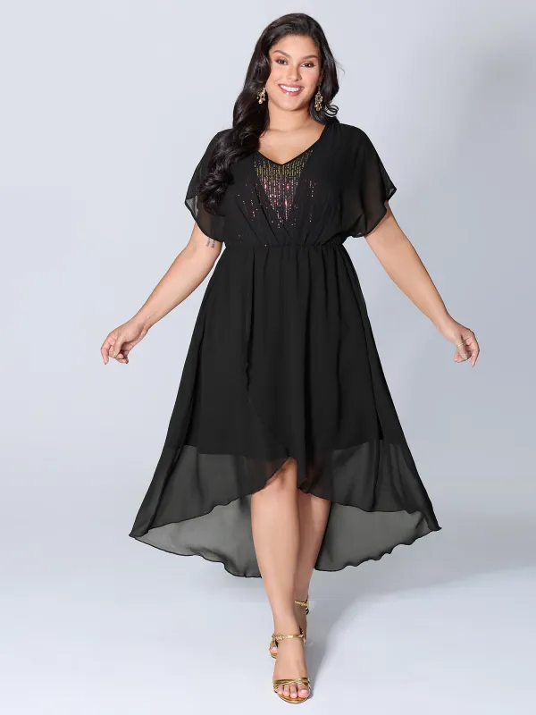 2-in-1 Sheer Sparkly Wrap Midi Dress sold by Bloomchic