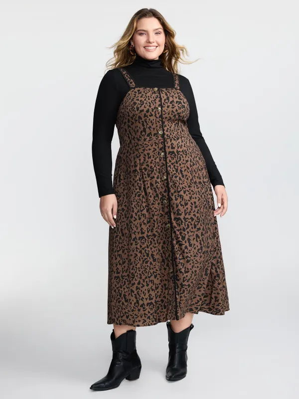 Leopard Print Button Wide Strap Midi Dress sold by Bloomchic