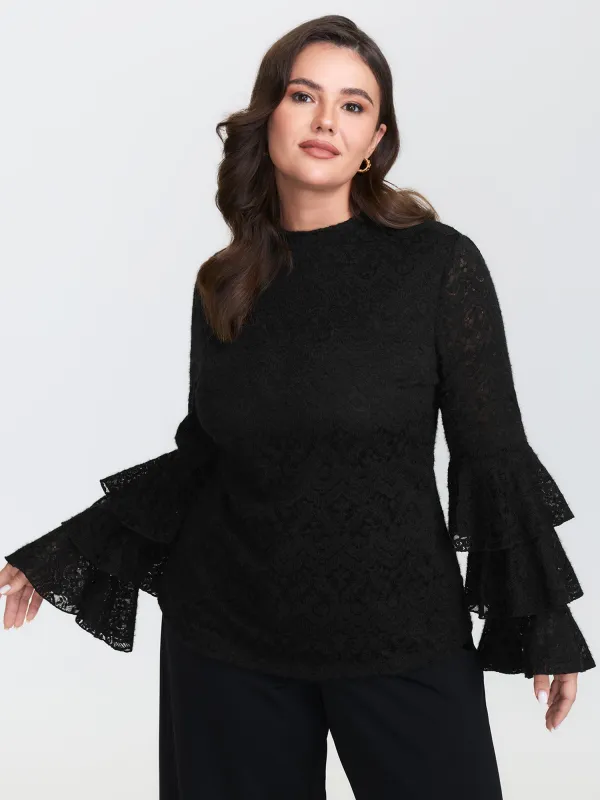 Stretchy Layered Sheer Lace Trim Knit Top sold by Bloomchic