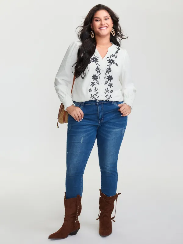 Cotton Floral Embroidery Shirred Blouse sold by Bloomchic