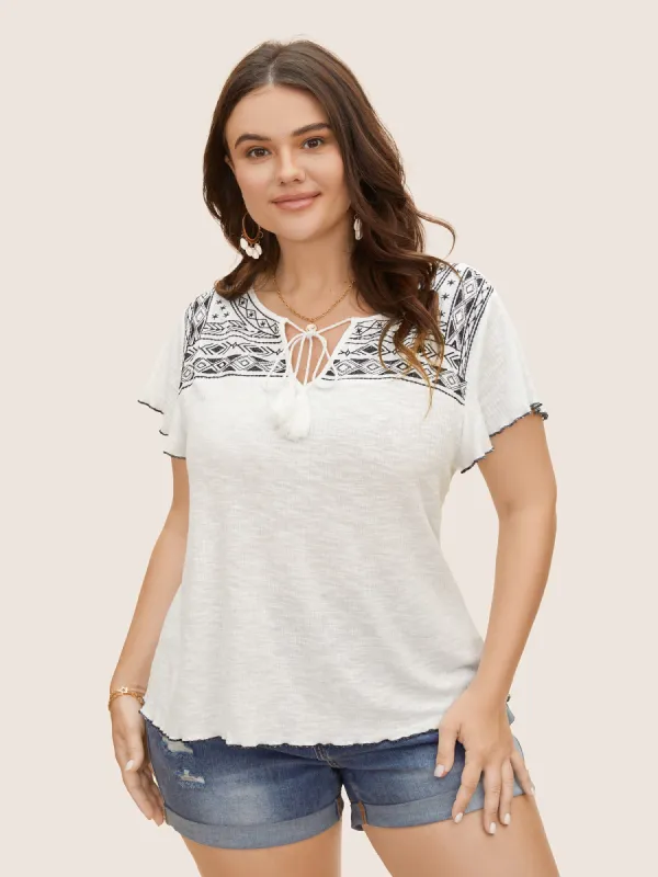 Geometric Embroidered Tassels Tie Knot T-shirt sold by Bloomchic