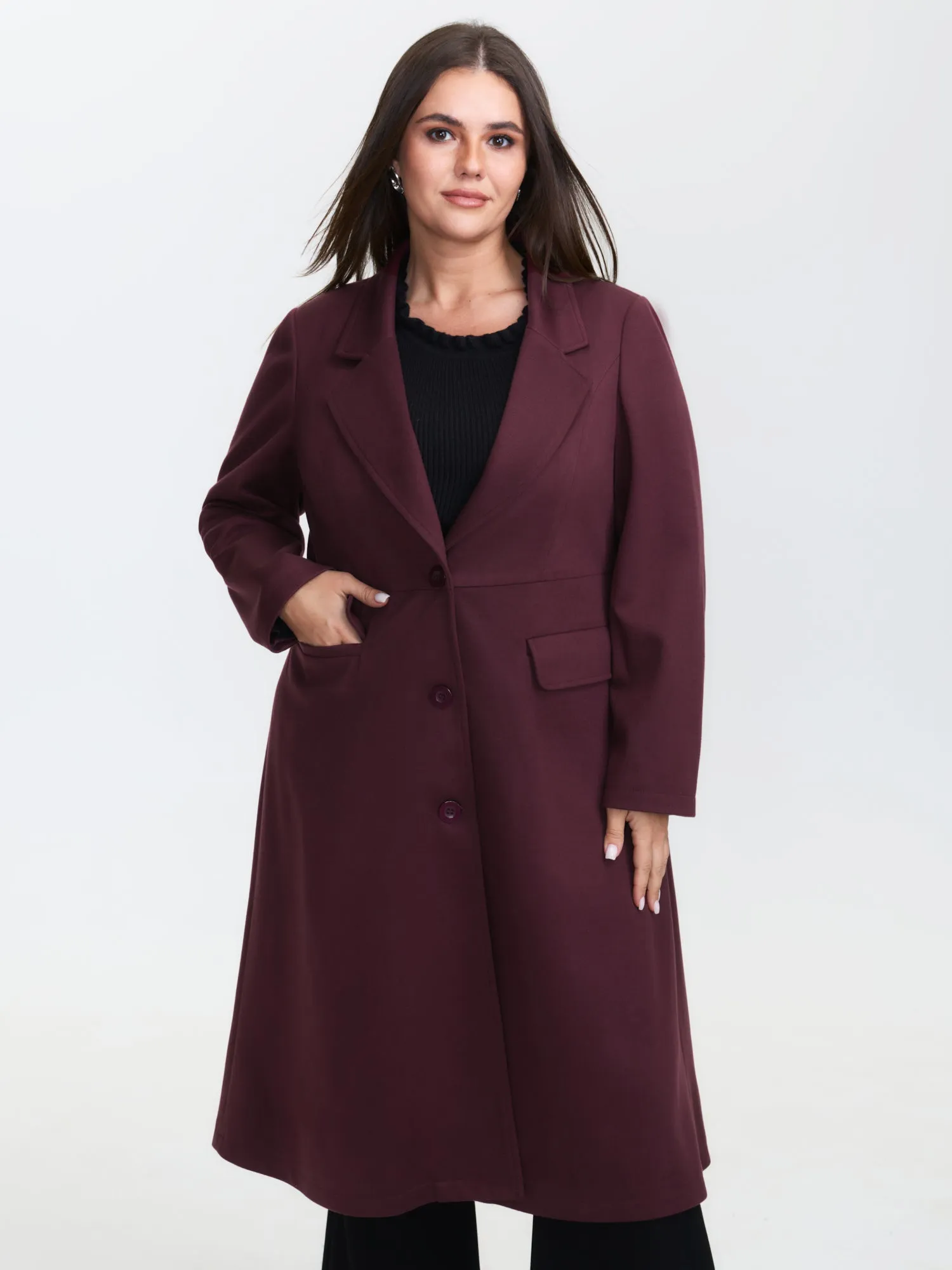 Solid Three Button Flared Coat sold by Bloomchic