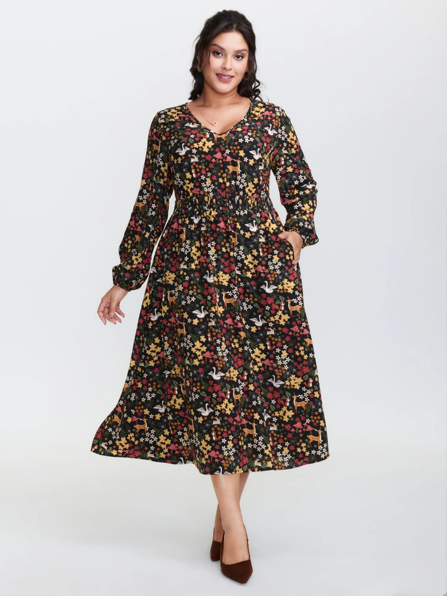 Floral Garden Print Cinched-Waist Midi Dress sold by Bloomchic product image thumbnail 3