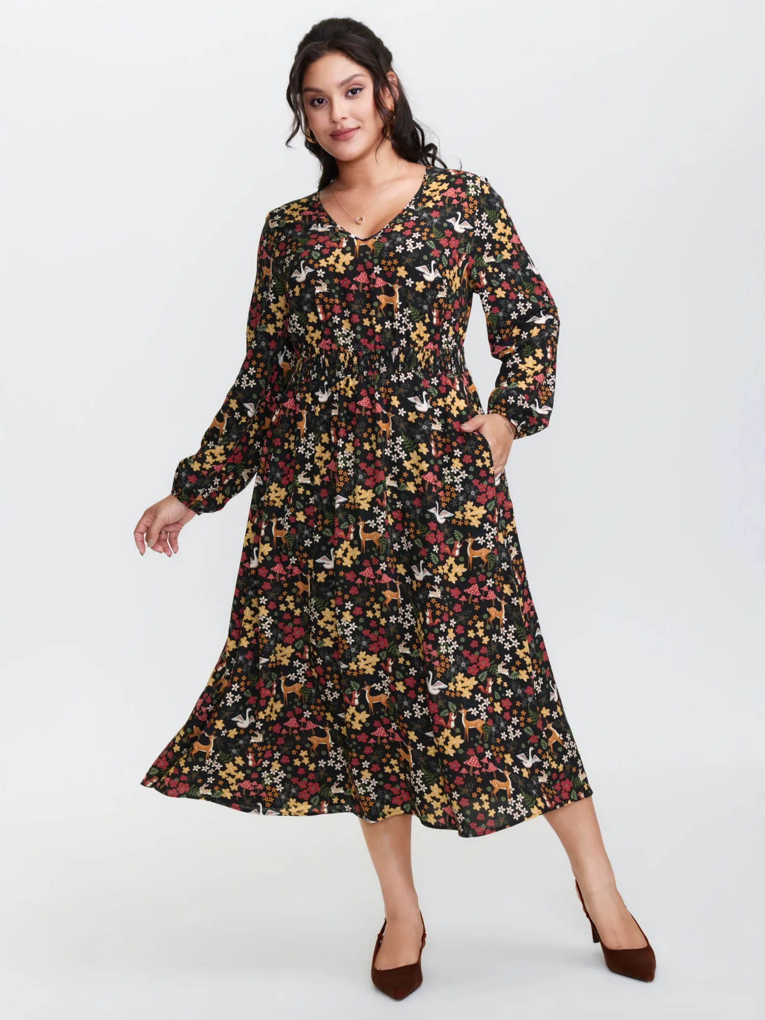 Floral Garden Print Cinched-Waist Midi Dress sold by Bloomchic