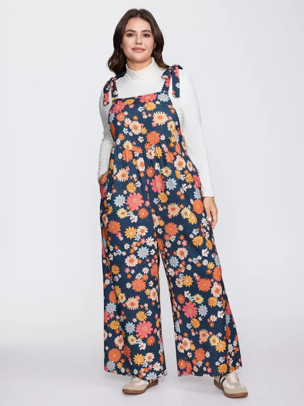 Floral Print Adjustable Shoulder-Tie Pockets Jumpsuit sold by Bloomchic