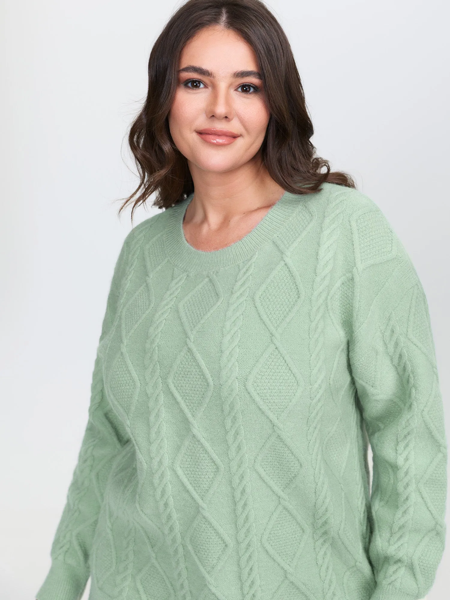 Cableknit Round Neck Ribbed Hem Pullover sold by Bloomchic product image thumbnail 2