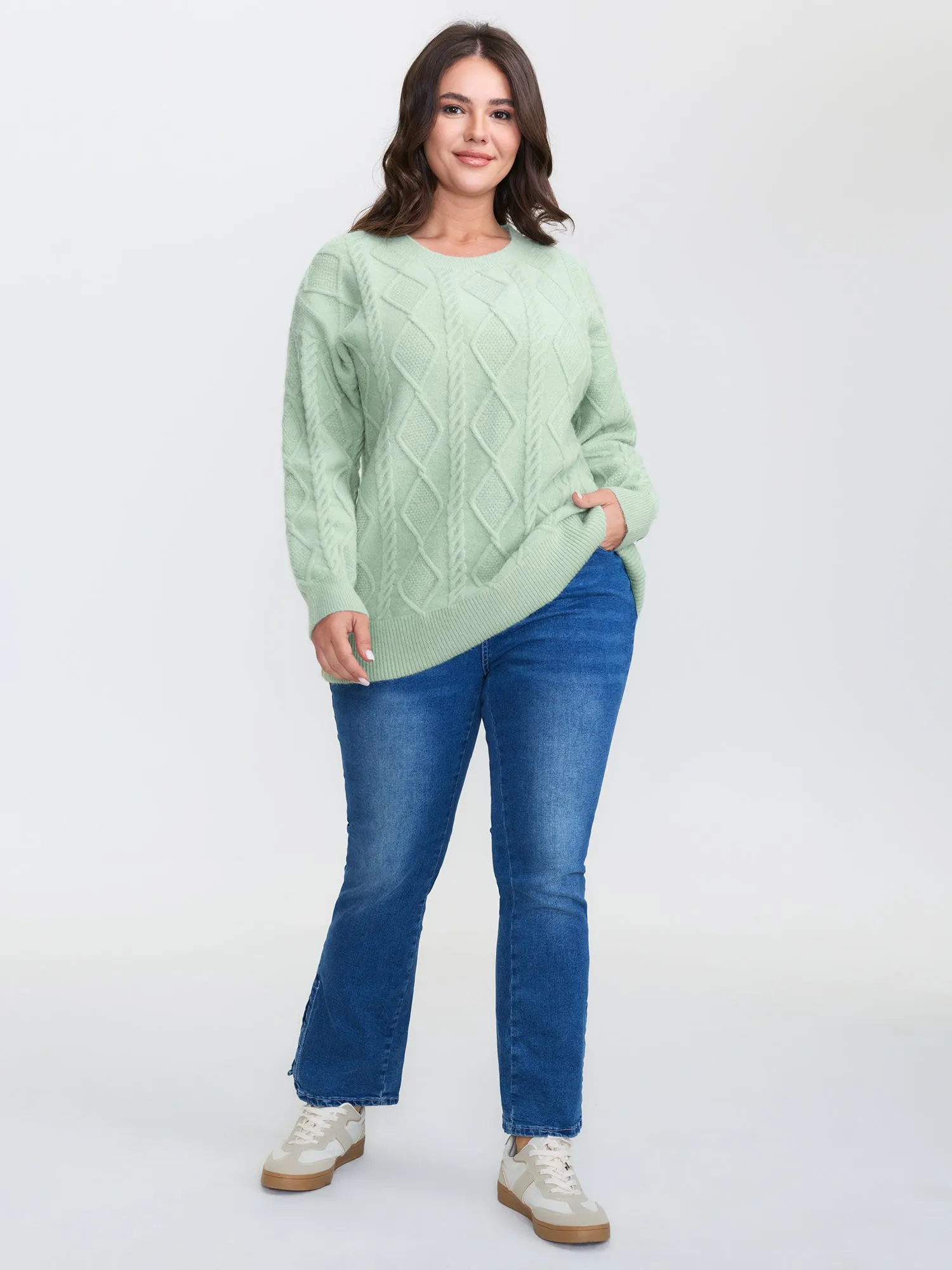 Cableknit Round Neck Ribbed Hem Pullover sold by Bloomchic product image thumbnail 4