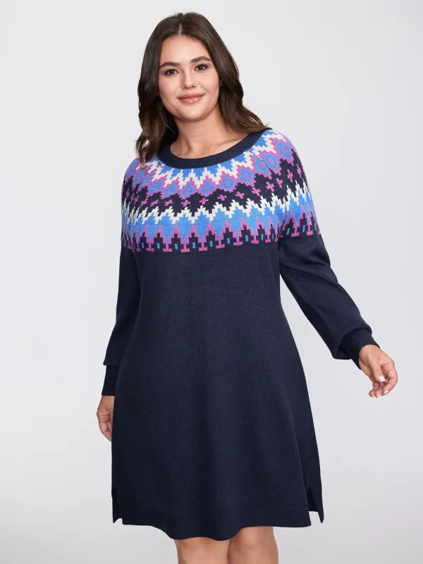 Fair-Isle Pattern Round Neck Sweater Dress sold by Bloomchic