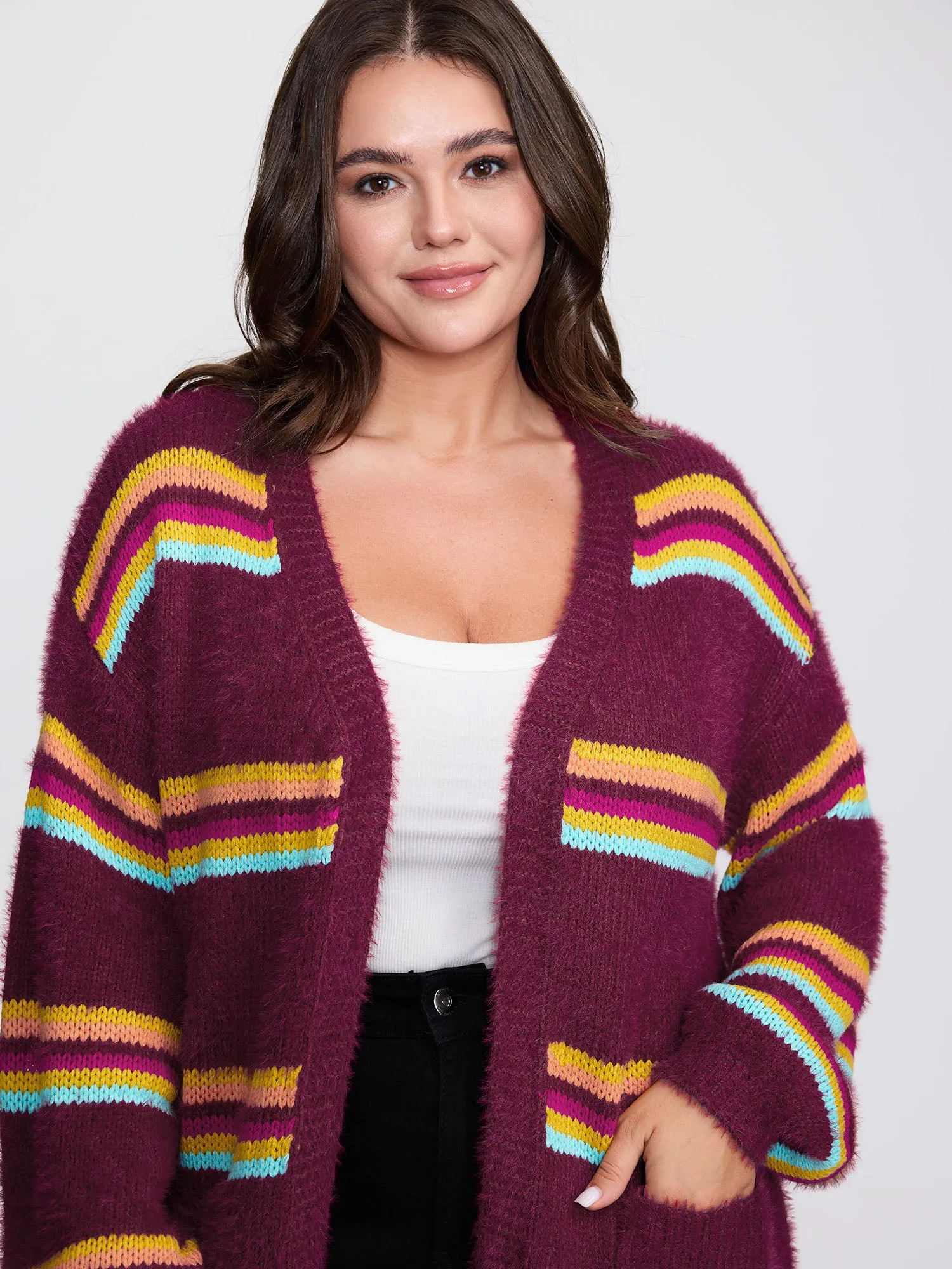 Colorful Stripe Furry Textured Knit Cardigan sold by Bloomchic