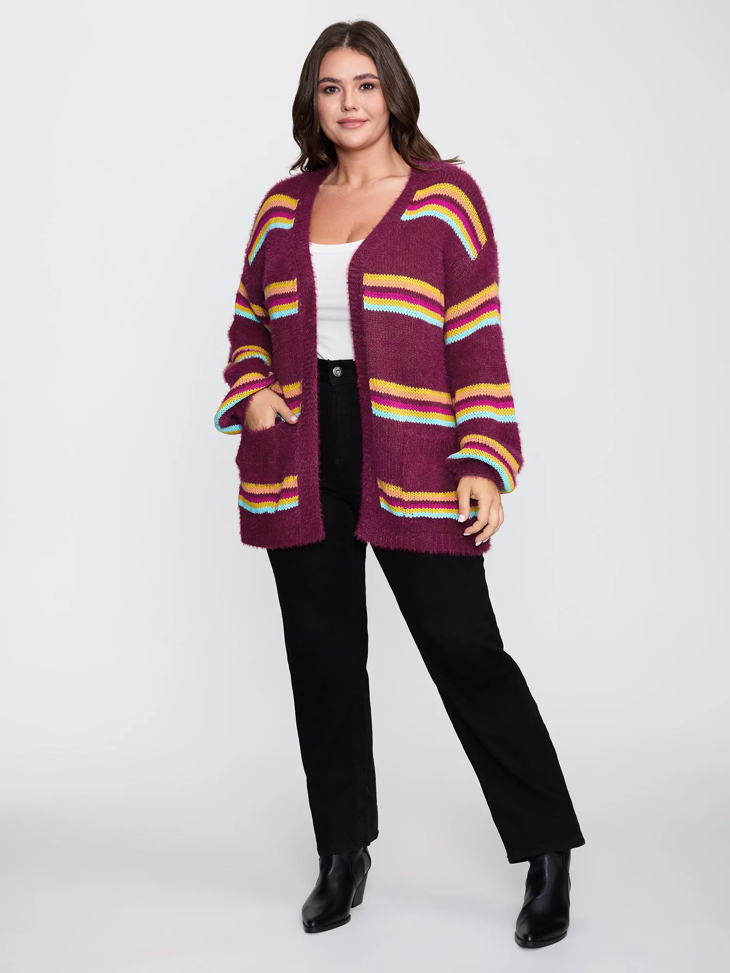 Colorful Stripe Furry Textured Knit Cardigan sold by Bloomchic product image thumbnail 3