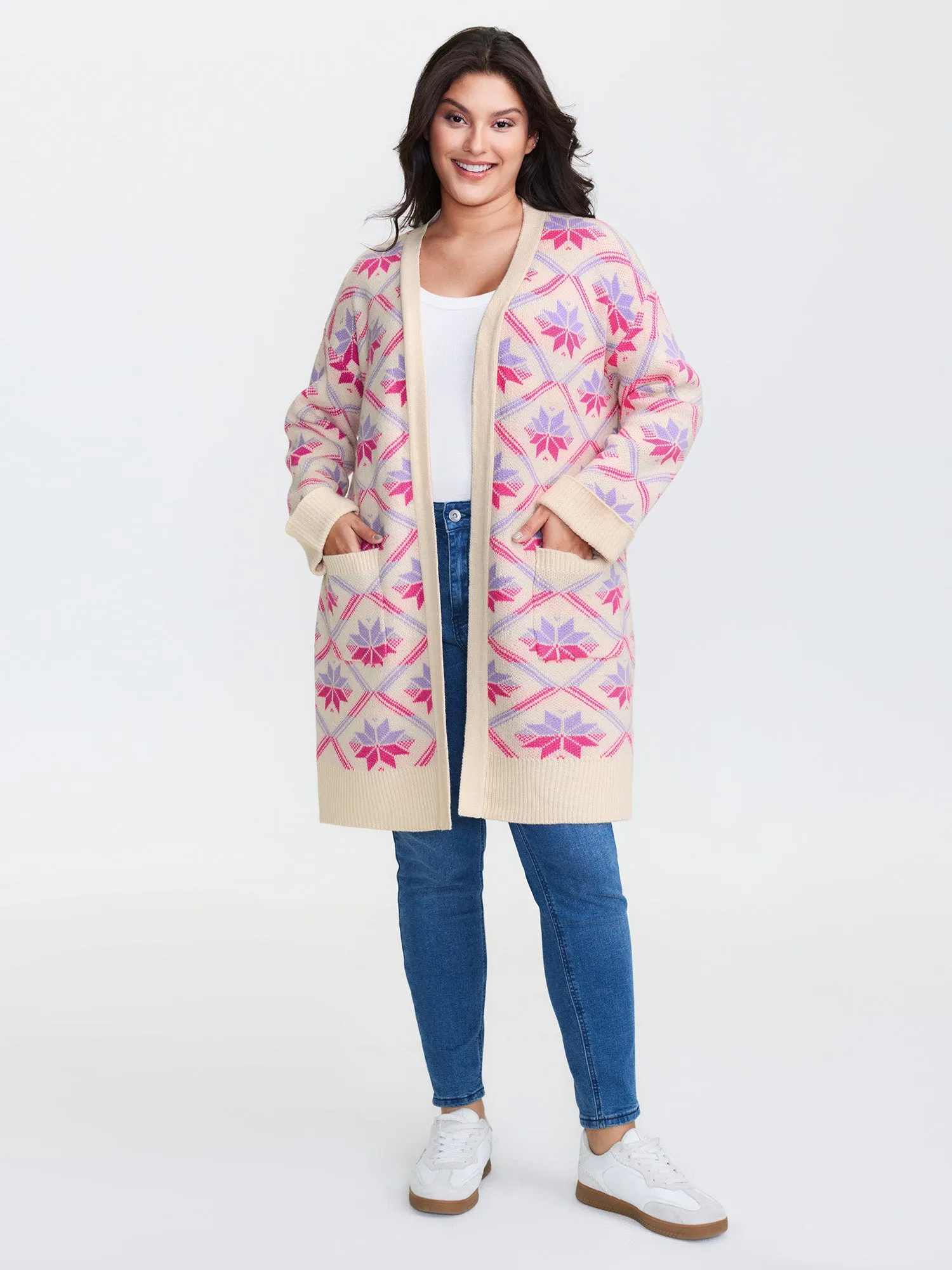 Geometric Snowflake Pattern Pockets Knit Cardigan sold by Bloomchic product image thumbnail 2