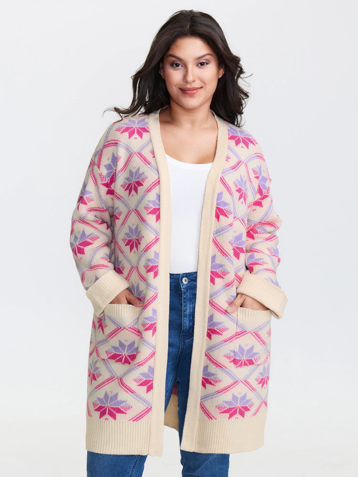 Geometric Snowflake Pattern Pockets Knit Cardigan sold by Bloomchic