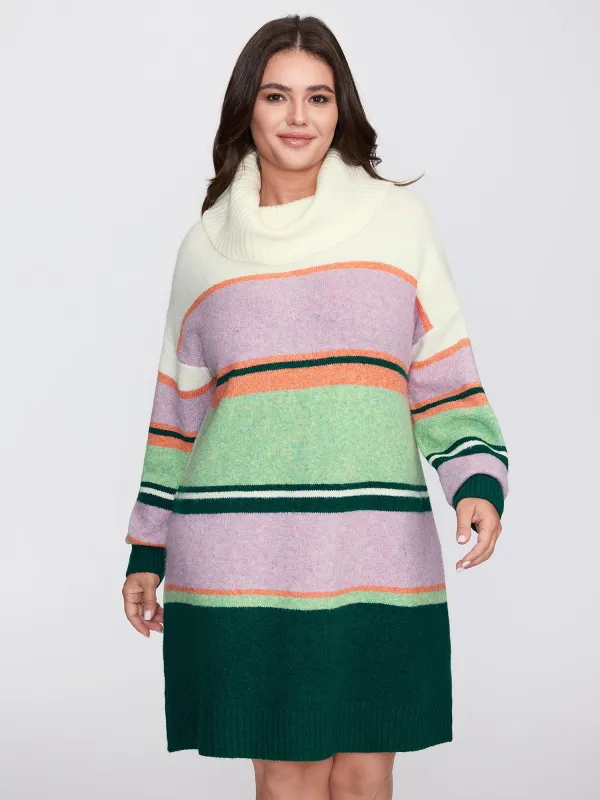 Colorful Stripe Drape Turtleneck Sweater Dress sold by Bloomchic