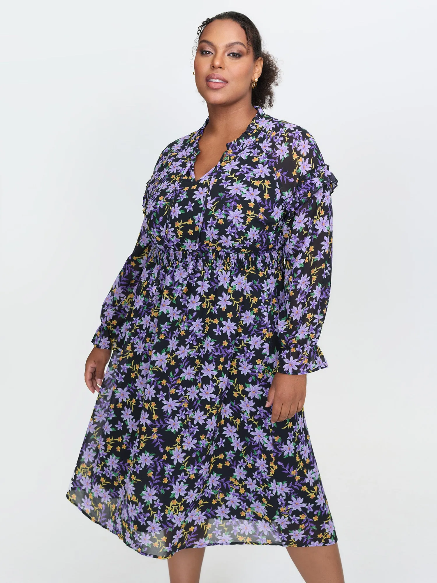 Chiffon Floral Print Ruffled Midi Dress sold by Bloomchic