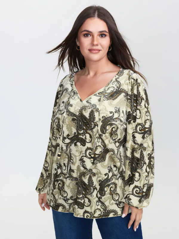 Paisley Velvety Print Lantern Sleeve Blouse sold by Bloomchic