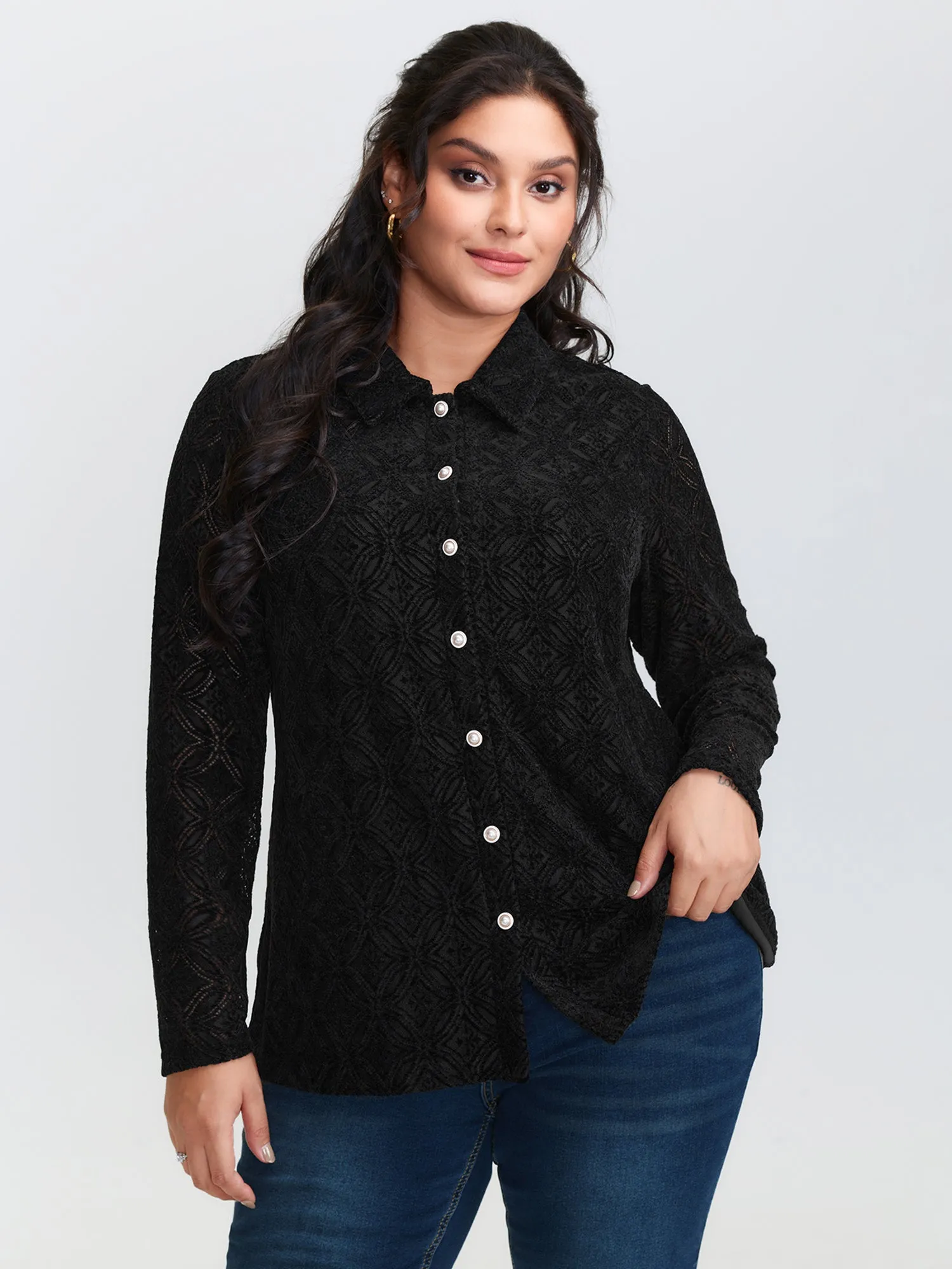 Sheer Lace Button-Down Shirt sold by Bloomchic