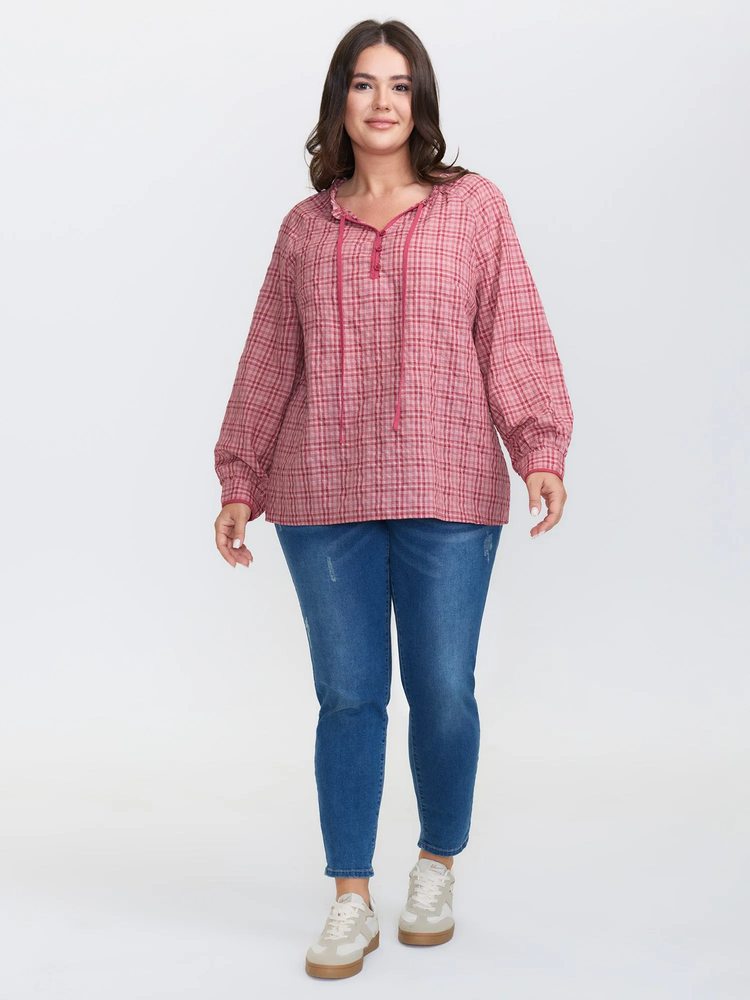 Gingham Print Ruffled Neck-Tie Blouse sold by Bloomchic product image thumbnail 3