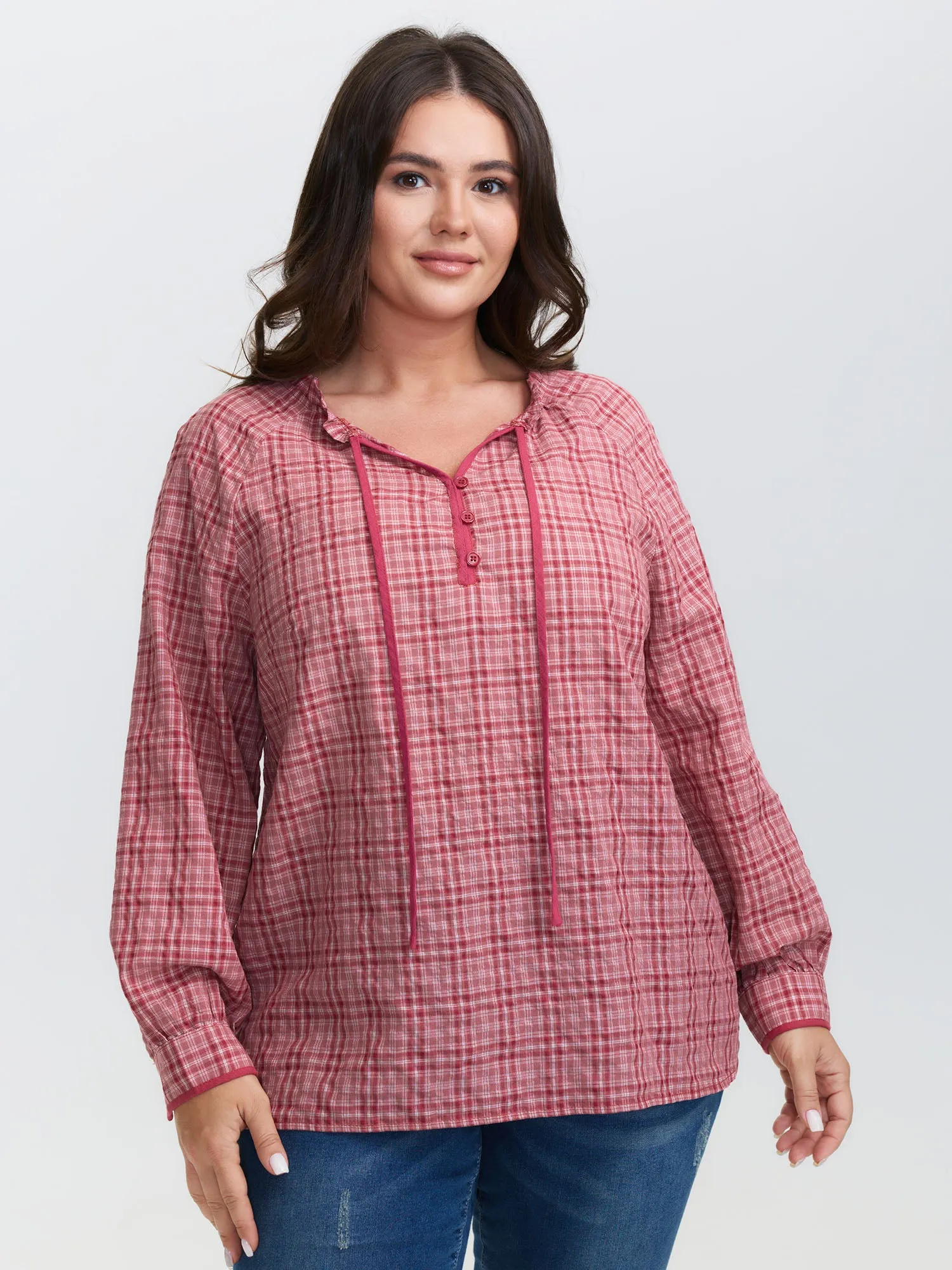 Gingham Print Ruffled Neck-Tie Blouse sold by Bloomchic